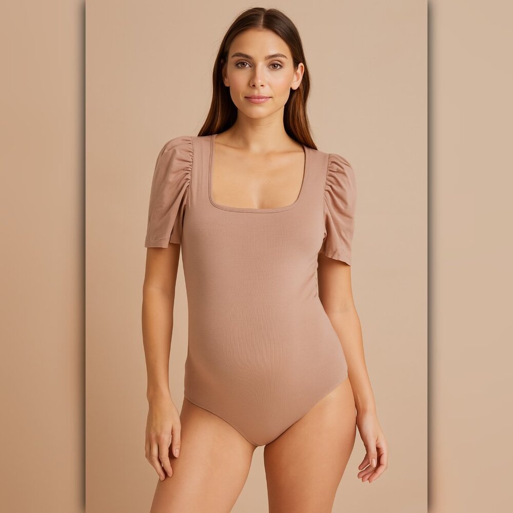 A055 • Taupe Puff Sleeve Square Neck Bodysuit